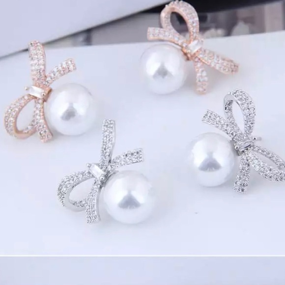 925 Sterling Silver Bow & Pearl Drop Earrings - Picture 7 of 7